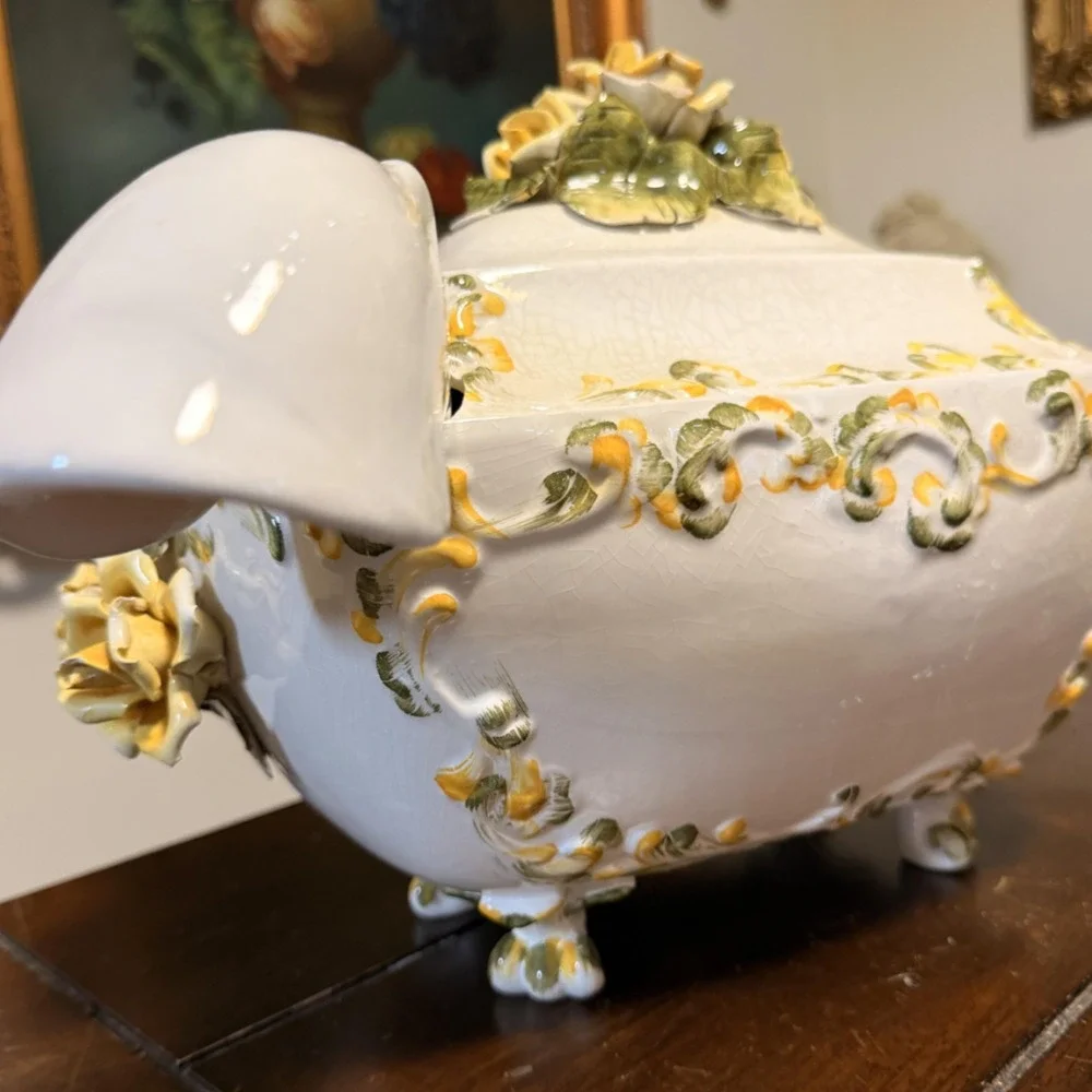 Ornate Ceramic Floral Soup Tureen Bowl With Lid Ladle Yellow Rose Rococo 10x13